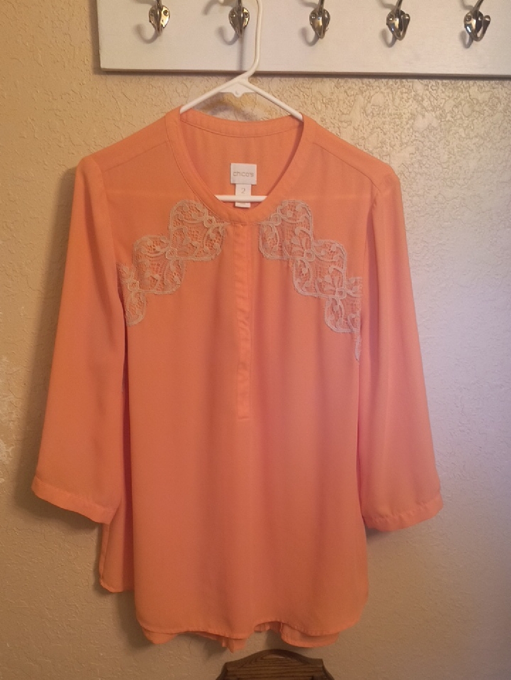 Chico's Coral-Peach Lace-Accent Tunic